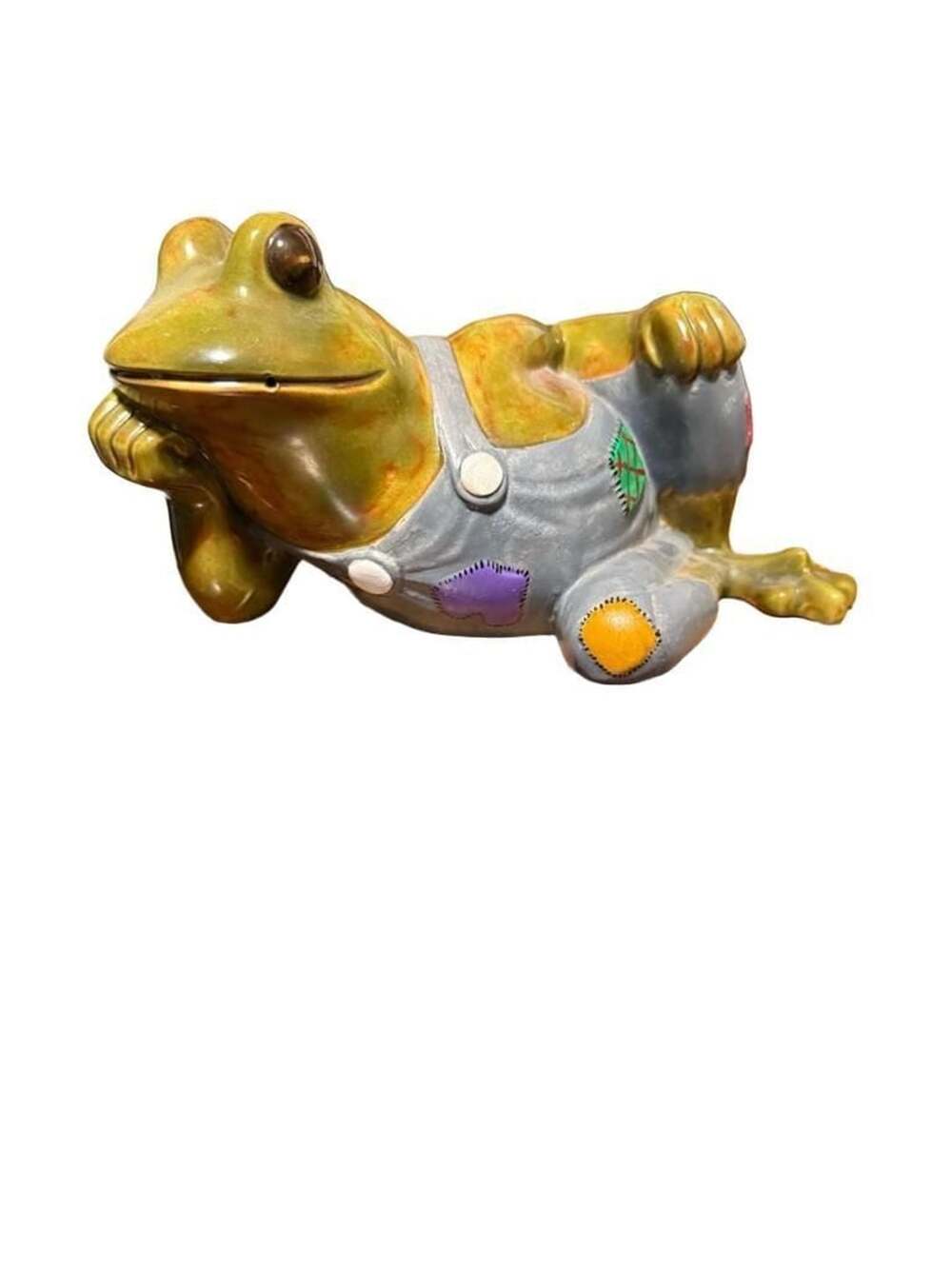 Vintage 1975 Arners Ceramic Lying Frog Figurine with Overalls